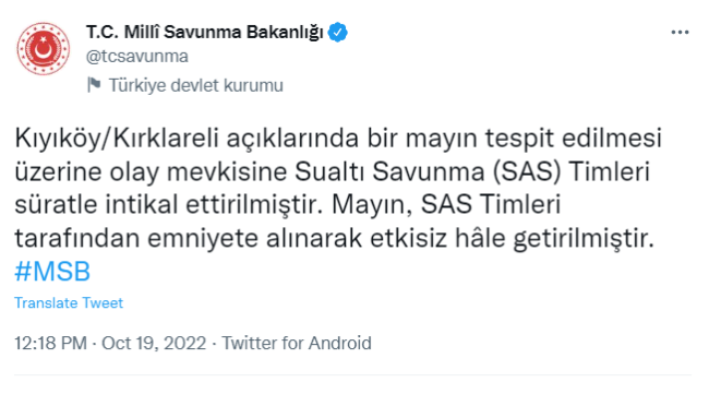 MSB duyurdu: Kıyıköy açıklarında tespit edilen mayın etkisiz hale getirildi