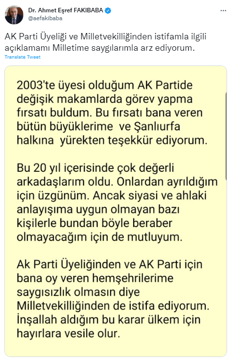 Fakıbaba'nın istifasına AK Parti'den ilk açıklama