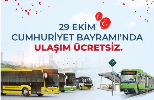 Bursa'da 29 Ekim'de toplu taşıma ücretsiz