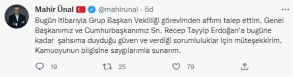 Mahir Ünal: Görevimden affımı talep ettim