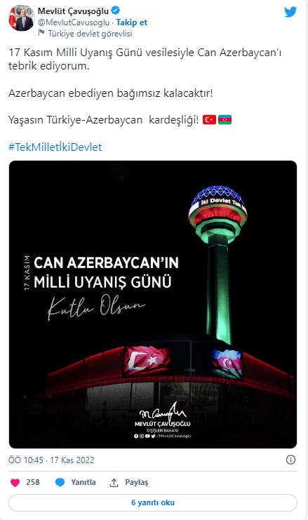 Bakan Çavuşoğlu'ndan Azerbaycan'a tebrik mesajı
