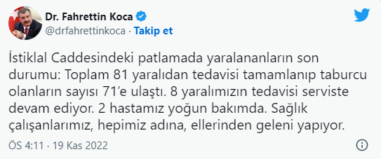 Bakan Koca, Taksim'de yaralananların son durumunu açıkladı