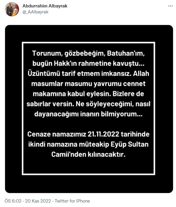 Abdurrahim Albayrak'tan AVM düşerek hayatını kaybeden torunuyla ilgili paylaşım
