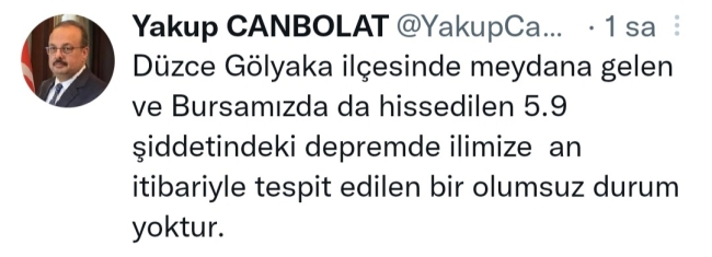 Bursa Valisi Canbolat'tan Düzce'deki depreme ilişkin açıklama