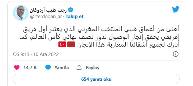 Cumhurbaşkanı Erdoğan Fas Milli Takımı'nı tebrik etti