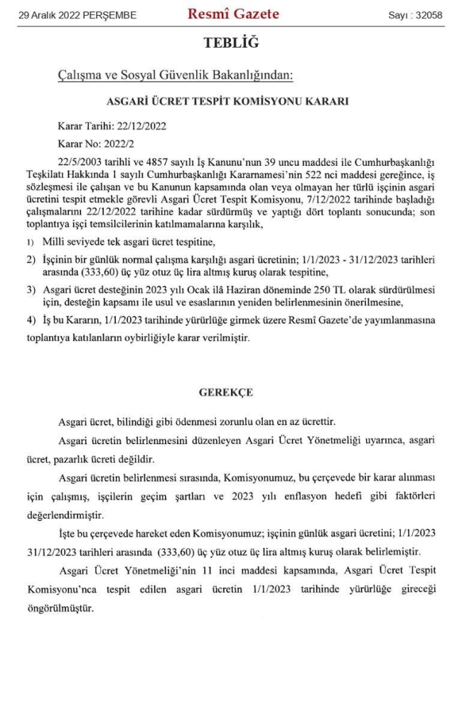 Asgari ücret kararı Resmi Gazete'de yayımlandı