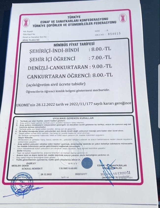 Denizli'de ulaşıma zam
