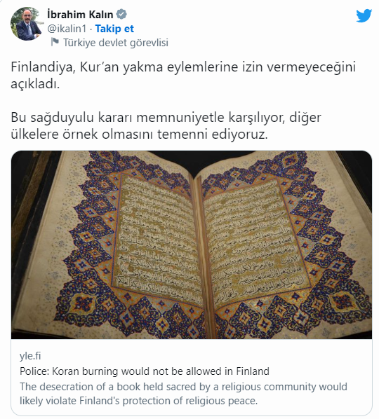 Finlandiya'da Kur'an-ı Kerim yakılmasına izin verilmeyecek