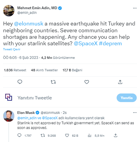 Elon Musk: Türkiye'ye Starlink uydularını gönderebiliriz