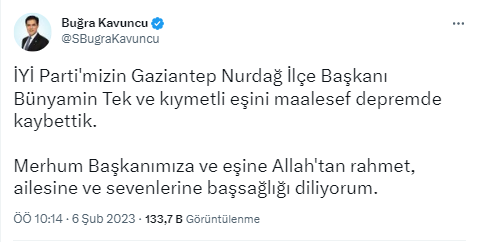 İYİ Parti ilçe başkanı ve eşi depremde yaşamını yitirdi