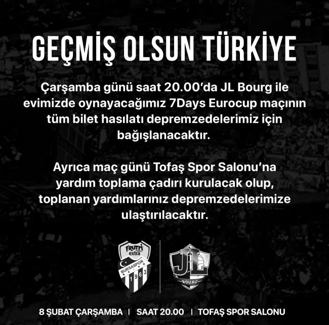 F.E. Bursaspor maç gelirlerini depremzedelere bağışlayacak