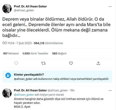 Profesörün 'Deprem öldürmez' paylaşımına idari soruşturma