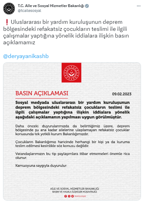 Bakanlıktan deprem bölgesindeki refakatsiz çocuklar hakkında yeni açıklama