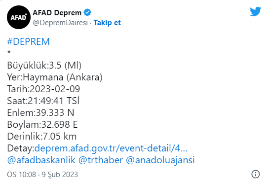 Ankara'da 3.5 büyüklüğünde deprem