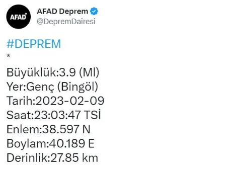 Bingöl'de 3.9 büyüklüğünde deprem