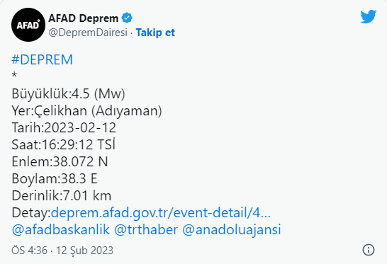 Adıyaman'da 4.5 büyüklüğünde artçı deprem