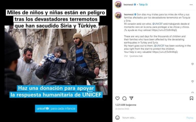 Messi'den deprem paylaşımı