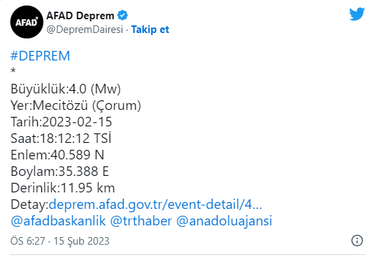 Çorum'da 4.0 büyüklüğünde deprem