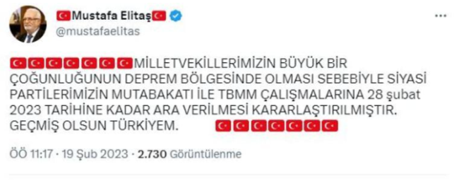 TBMM çalışmalarına ara verildi