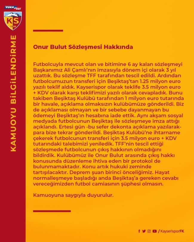 Kayserispor'dan flaş Onur Bulut açıklaması