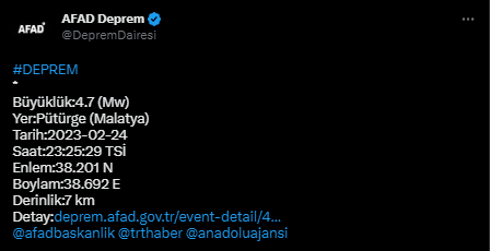 Malatya'da 4.7 büyüklüğünde deprem!