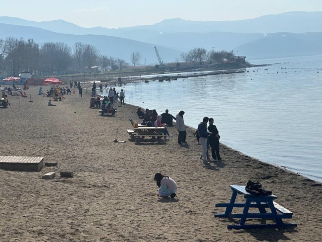 Kış soğuğunda İznik Gölü’ne girdi