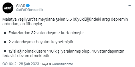 Malatya'da 5,6 büyüklüğündeki depremde bir kişi daha can verdi