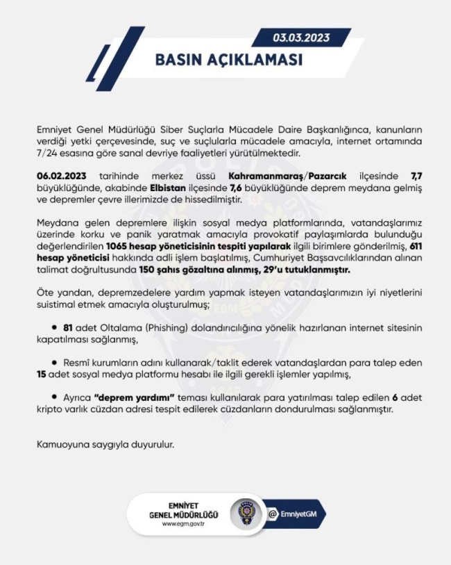 Deprem hakkında provokatif paylaşımlara tutuklama