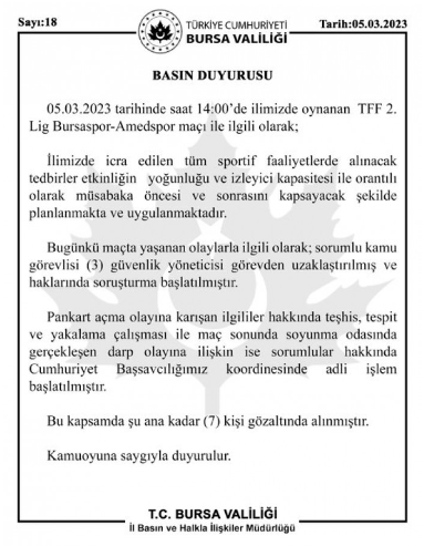 Bursa Valiliği'nden Bursaspor-Amedspor maçı hakkında flaş açıklama