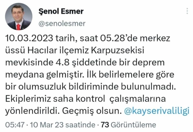 Kayseri'de 4,8 büyüklüğünde deprem