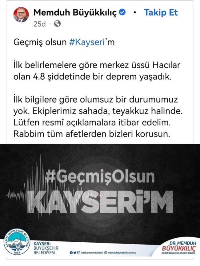 Kayseri'de 4,8 büyüklüğünde deprem