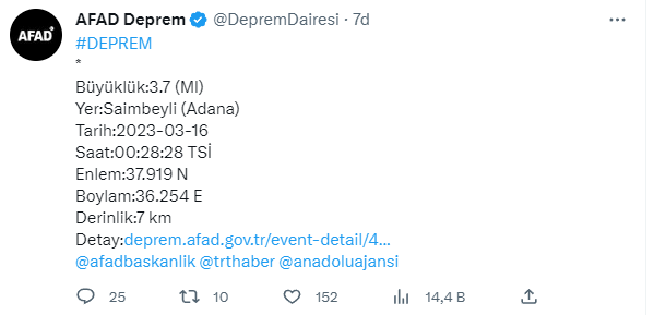 Adana'da 3.7  büyüklüğünde deprem