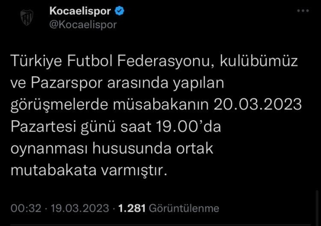 Kocaelispor-Pazarspor maçı ertelendi