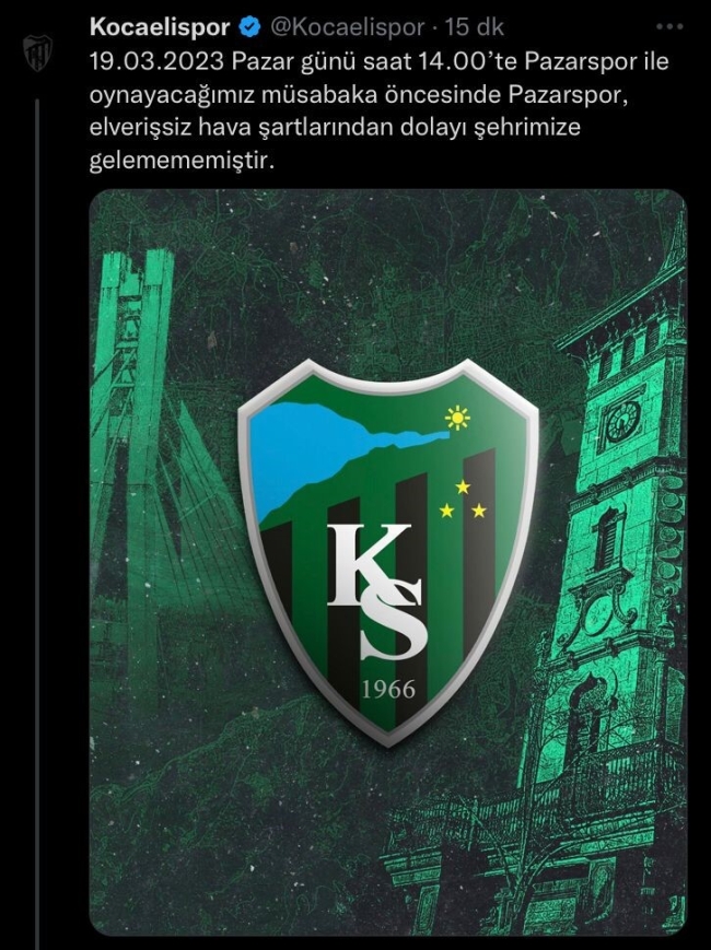 Kocaelispor-Pazarspor maçı ertelendi