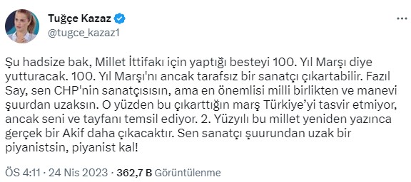 Tuğçe Kazaz'dan Fazıl Say'a tepki: Şu hadsize bak, sen CHP'nin sanatçısısın