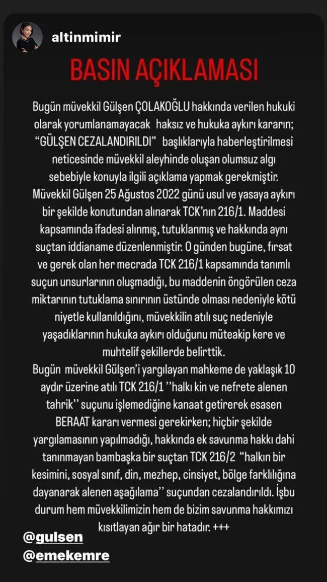 Hapis cezası sonrası Gülşen'den ilk açıklama