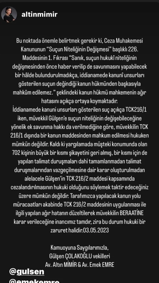 Hapis cezası sonrası Gülşen'den ilk açıklama