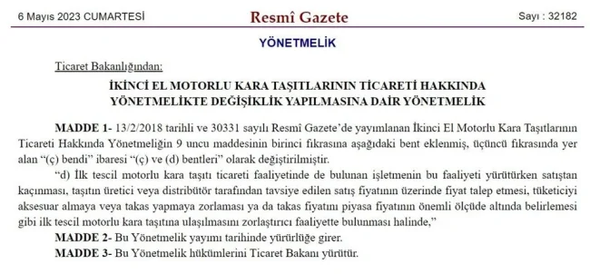 Sıfır araç satışına yeni düzenleme