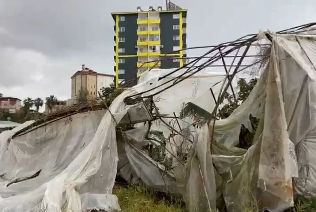 Mersin'de kuvvetli rüzgar seraları yıktı