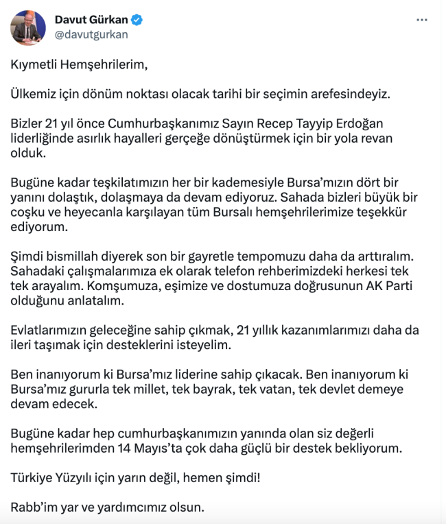 Davut Gürkan'dan seçim mesajı