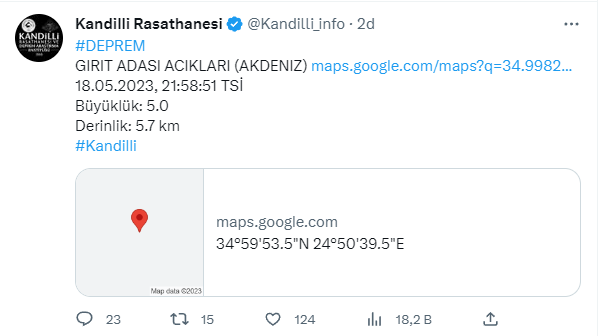 Akdeniz'de 5 büyüklüğünde deprem