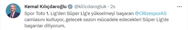 Kılıçdaroğlu, Süper Lig'e çıkan Rizespor’u kutladı