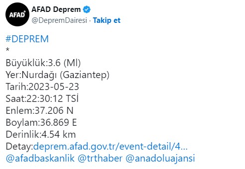 Gaziantep'te 3.6 büyüklüğünde deprem