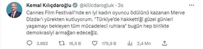 Merve Dizdar'a tebrik mesajları yağdı