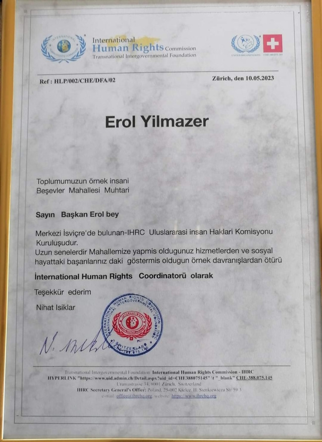 Uluslararası İnsan Hakları Örgütü’nden Bursalı Muhtara Başarı Belgesi!