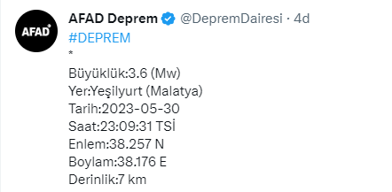 Malatya'da 3.6 şiddetinde deprem