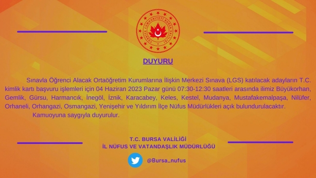Bursa'da nüfus müdürlükleri pazar günü açık olacak