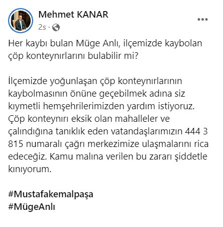 Belediye Başkanı Kanar Müge Anlı’ya seslendi!
