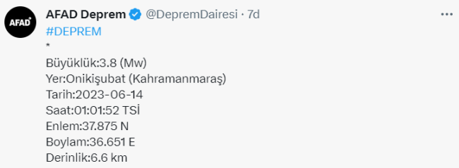 Kahramanmaraş'ta 3.8 büyüklüğünde deprem