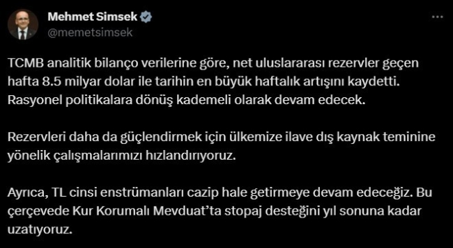 Bakan Şimşek: “Net rezervlerde tarihin en büyük artışı oldu”